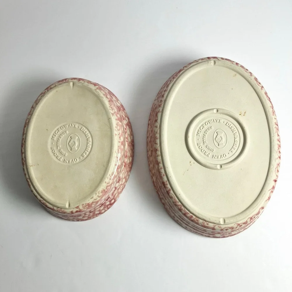 2 Roseville Pink Spongeware Pottery Oval Dish/Bowls by Gerald E. Henn 10